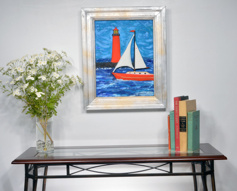 Red Sailboat and Red Lighthouse